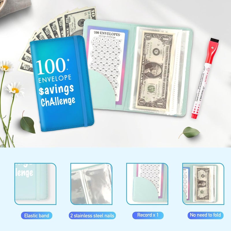 gusutide 100 Envelope Savings Challenge Binder, Money Saving Binder with Cash Envelopes, from 30 Days to 52 Weeks, to Save $500,$5,050 and $10,000, back to school supplies,gift for children (sparkling blue-A6) - Image 3